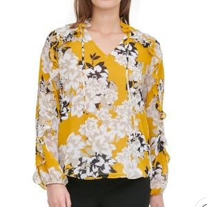 Calvin Klein Yellow Floral Ruffle Blouse